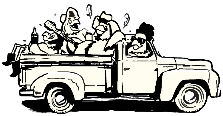 a drawing of a truck being driven by a chicken and three more checkens partying in the truck bed