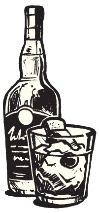 a drawing of a bottle of whiskey and a glass of whiskey