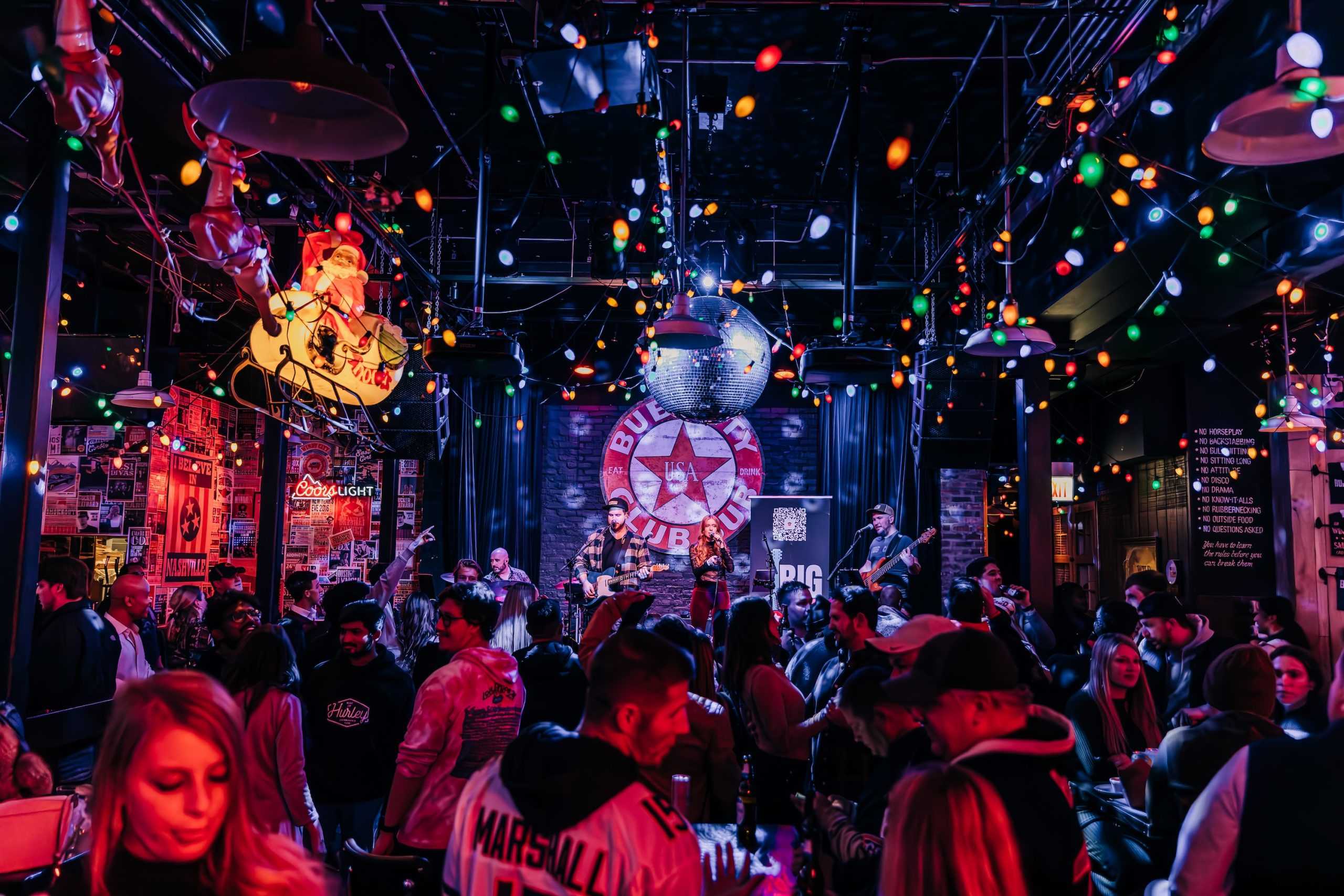 Crowd dancing to live music.