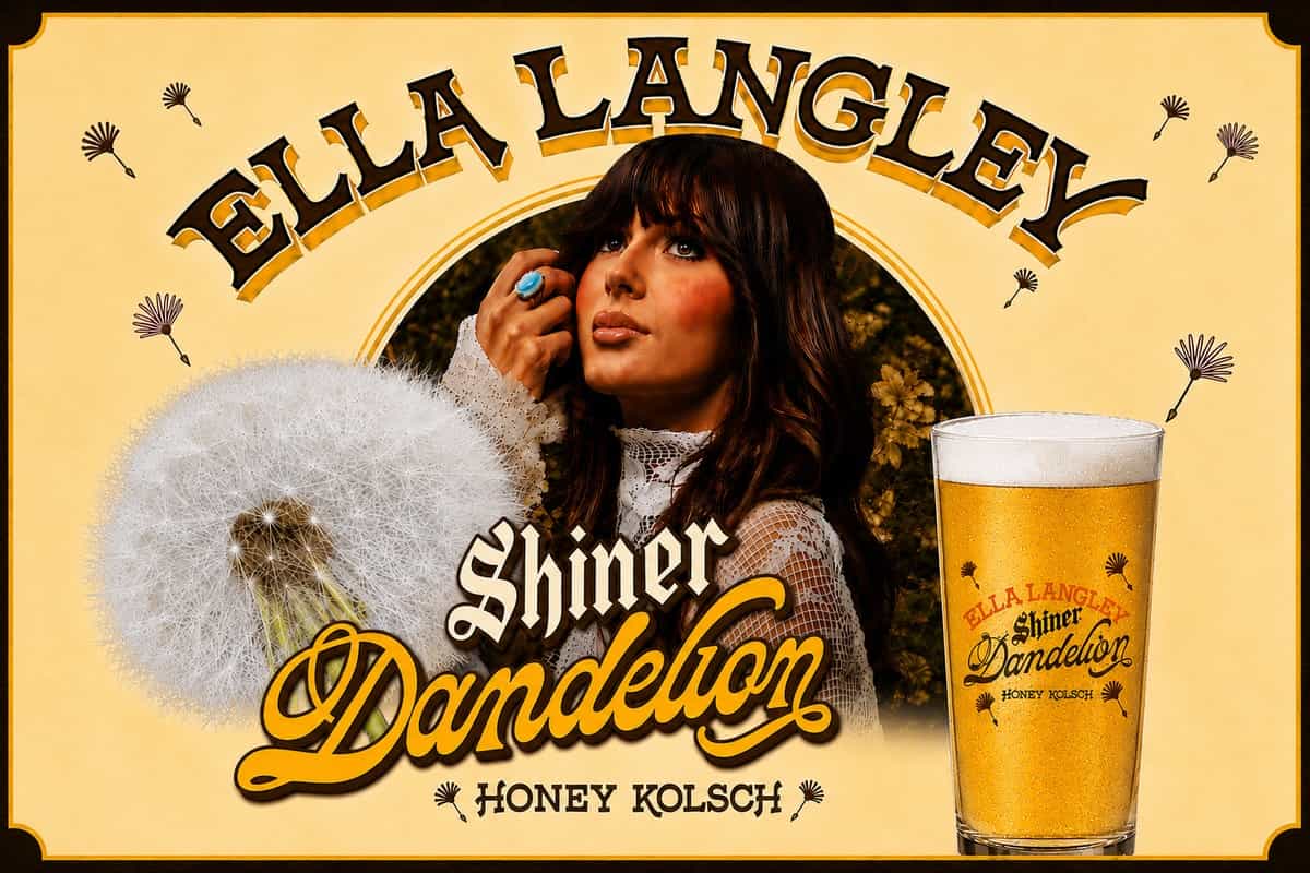 Headshot of Ella Langley, an image of a dandelion and a pint glass full of beer